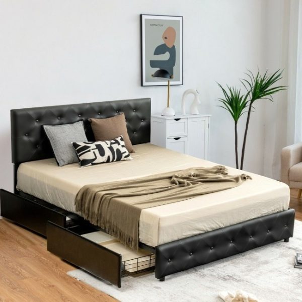 Queen Size Black PU Leather Button Tufted Platform Bed with 4 Storage Drawers - Image 3
