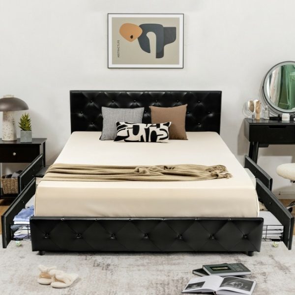 Queen Size Black PU Leather Button Tufted Platform Bed with 4 Storage Drawers - Image 4