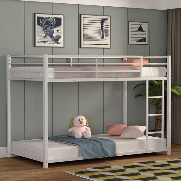 Twin over Twin Low Profile Modern Bunk Bed Frame in White Metal Finish - Image 3