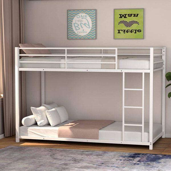 Twin over Twin Low Profile Modern Bunk Bed Frame in White Metal Finish - Image 4