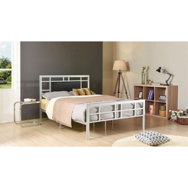 Twin Metal Platform Bed Frame in Silver with Black Upholstered Headboard Center Panel - Image 2