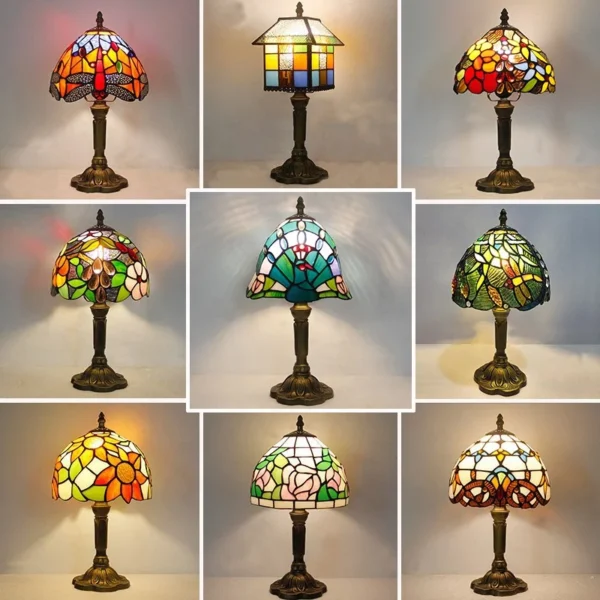 Tiffany Style Table Lamp Banker 8inch Stained Glass Peacock Floral Vintage Antique Light Decor Nightstand - Image 6