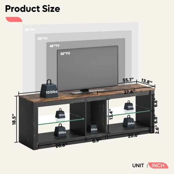 Entertainment Center Industrial Design TV Stand Console Table TV Cabinet Lowboard with 2 Glass Shelves - Image 4