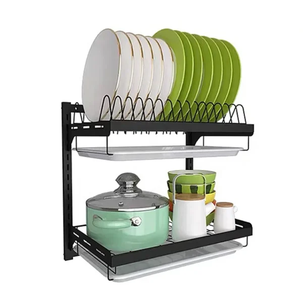Paint 2 Tiers Wall Mounted Dish Drying Drainer Hanging Rack Kitchen Space Saver Hanging Shelf With PP Water Tray - Image 6