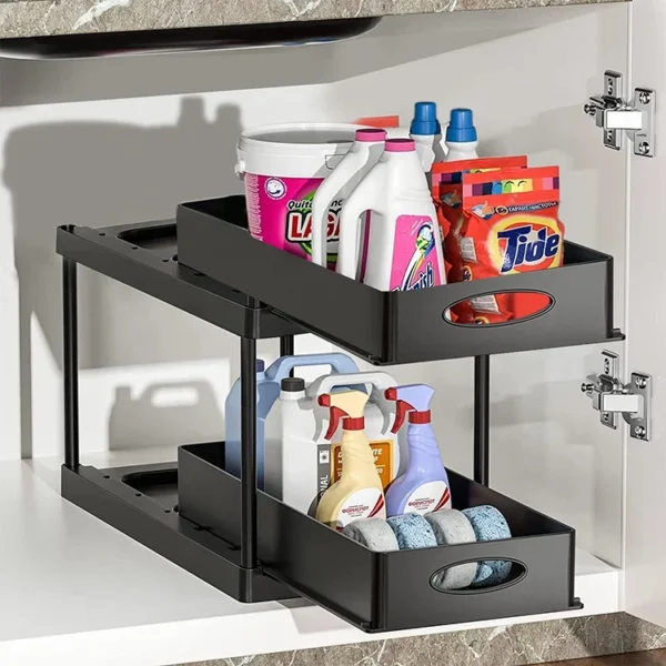 bathroom & kitchen accessories stackable plastic 2 tier under sink cabinet shelf pull out drawer sliding spice rack organizer - Image 6