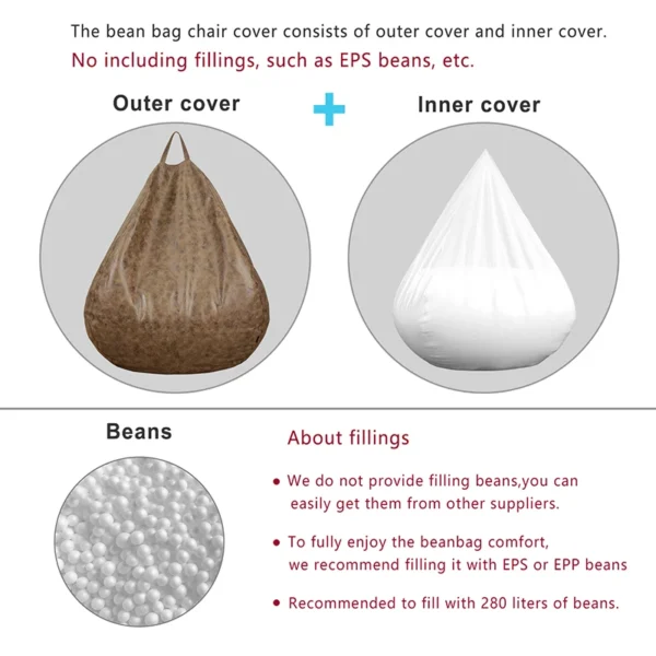 Modern big outdoor indoor gaming pouf thick retro brown fabric giant beanbag chair sofa ottoman cover without filler - Image 4