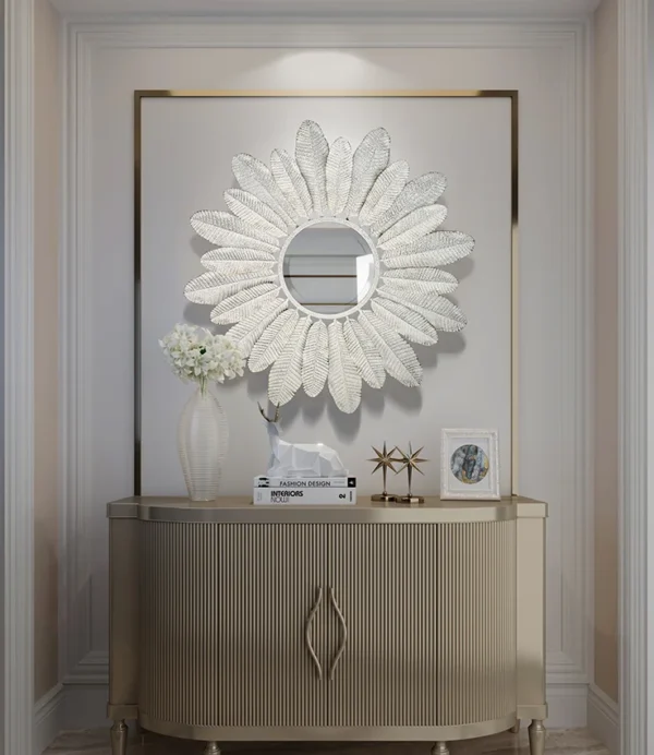 80cm Ornate decor light luxury decorative flower shape mirrors elegant wall hanging white metal frame feather mirror home decor - Image 5