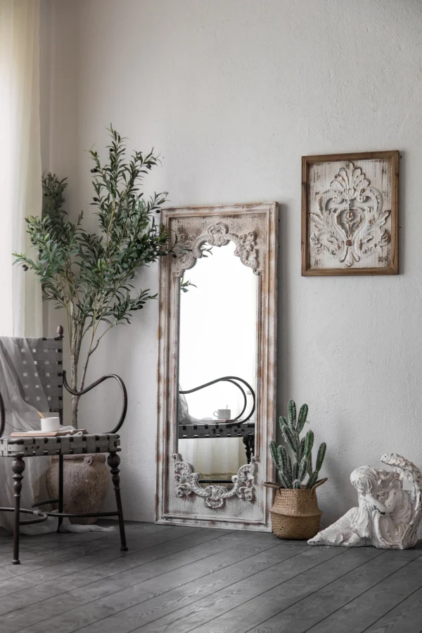 Stock large size decorative plain retro white wood wall mirror worn hanging mirror long square frame mirror - Image 4