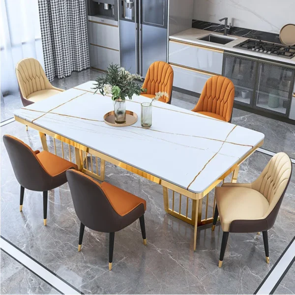 Luxury Stainless Steel Titanium Dinner Dining Table 6 Chairs Set Modern Marble Dining Room Furniture Dining Table Set - Image 5