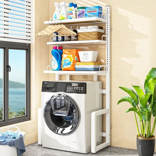 stainless steel metal adjustableover toilet organizer storage dryer stand wooden towel rack shelf washing machine for bathroom - Image 5