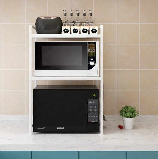 Microwave Stand Oven Rack Expandable Countertop Kitchen Utensils Tableware Storage Carbon Steel Over Shelf Countertop 3 Tier - Image 5