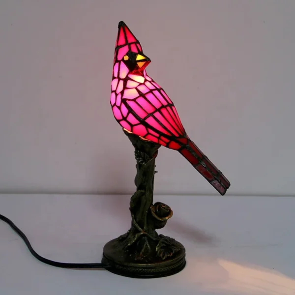 LongHuiJing Small Vintage Tiffany Style Stained Glass Red Cardinal Accent Table Lamp  Bird home decor desk lights