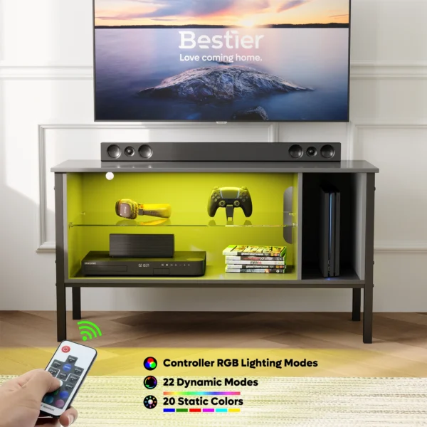 BESTIER Cheap Price Modern High Gloss Media Console Storage TV Stand Cabinet Entertainment Center with LED Light, Shelves - Image 3