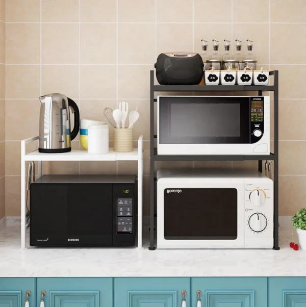 Microwave Stand Oven Rack Expandable Countertop Kitchen Utensils Tableware Storage Carbon Steel Over Shelf Countertop 3 Tier - Image 3