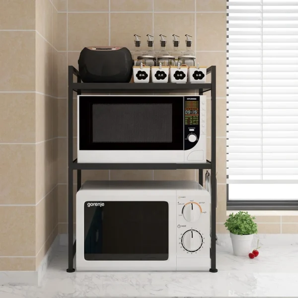 Microwave Stand Oven Rack Expandable Countertop Kitchen Utensils Tableware Storage Carbon Steel Over Shelf Countertop 3 Tier - Image 4