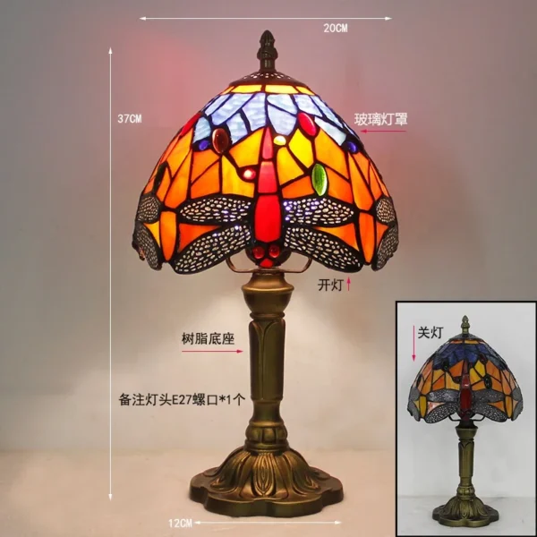 Tiffany Style Table Lamp Banker 8inch Stained Glass Peacock Floral Vintage Antique Light Decor Nightstand - Image 3
