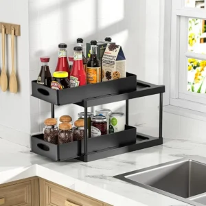 bathroom & kitchen accessories stackable plastic 2 tier under sink cabinet shelf pull out drawer sliding spice rack organizer