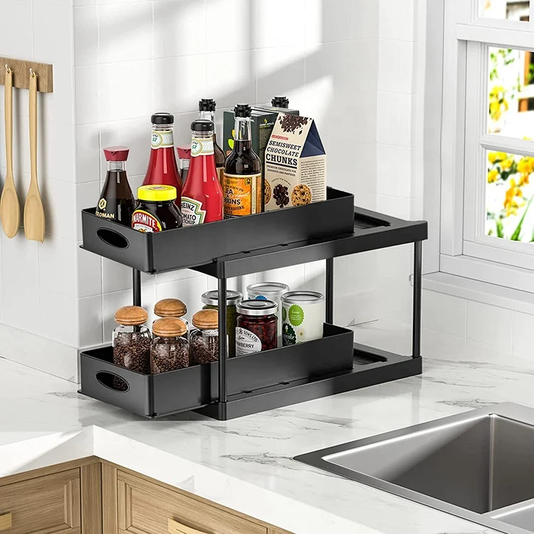 bathroom & kitchen accessories stackable plastic 2 tier under sink cabinet shelf pull out drawer sliding spice rack organizer