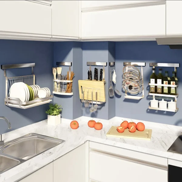 classic stainless steel kitchen set utensil Hanging storage wall mount folding Dish spice rack shelf corner shelves organizer - Image 5