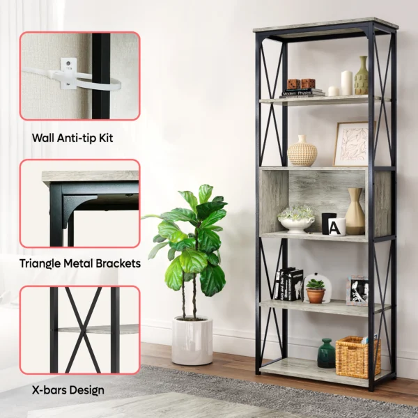 5 Tier Tall Bookcase Wood Storage Rack with Open Shelves Standing Shelving Unit for Bedroom Living Room and Home Office - Image 4