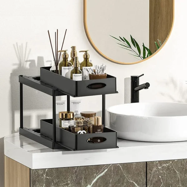 bathroom & kitchen accessories stackable plastic 2 tier under sink cabinet shelf pull out drawer sliding spice rack organizer - Image 2