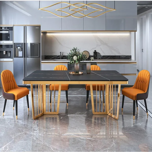 Luxury Stainless Steel Titanium Dinner Dining Table 6 Chairs Set Modern Marble Dining Room Furniture Dining Table Set