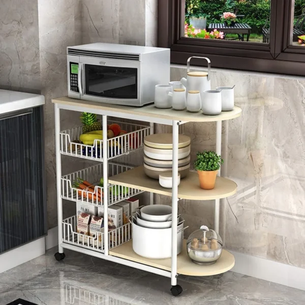 NEW multi-function metal wooden kitchen trolley cart shelf storage Vegetable fruit basket shelves organizer microwave oven rack - Image 2