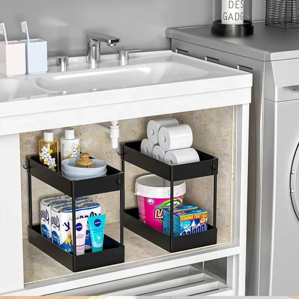 bathroom & kitchen accessories stackable plastic 2 tier under sink cabinet shelf pull out drawer sliding spice rack organizer - Image 4