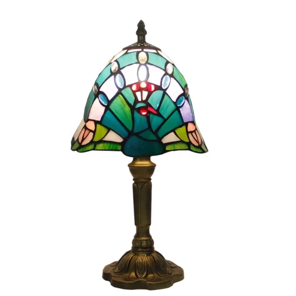 Tiffany Style Table Lamp Banker 8inch Stained Glass Peacock Floral Vintage Antique Light Decor Nightstand - Image 5