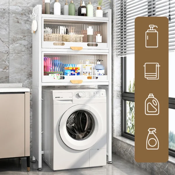 With cabinet door  bathroom cabinet foldable washing machine organiser storage rack metal above shelf over the toilet rack - Image 3