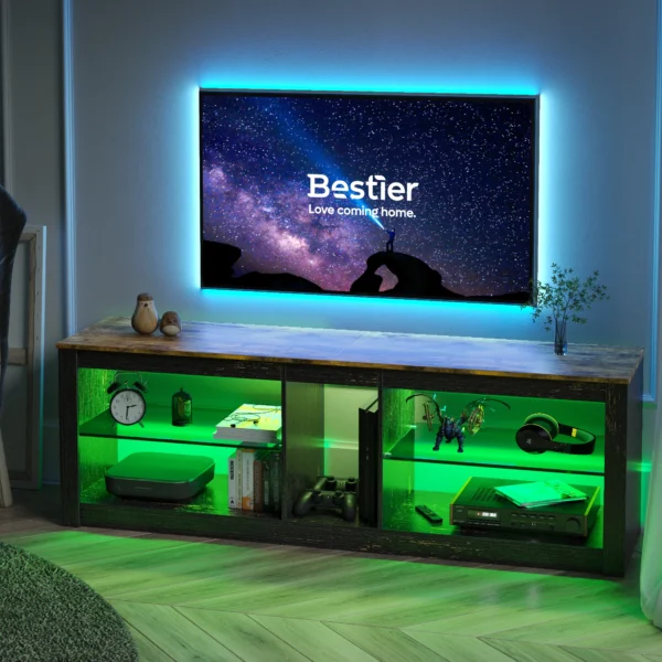 Entertainment Center Industrial Design TV Stand Console Table TV Cabinet Lowboard with 2 Glass Shelves