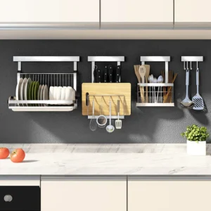 No punching set kitchen organization stainless steel wall mounted shelf Holders spice dish drying rack vegetable storage basket