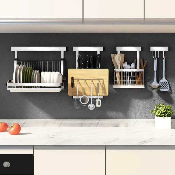 No punching set kitchen organization stainless steel wall mounted shelf Holders spice dish drying rack vegetable storage basket