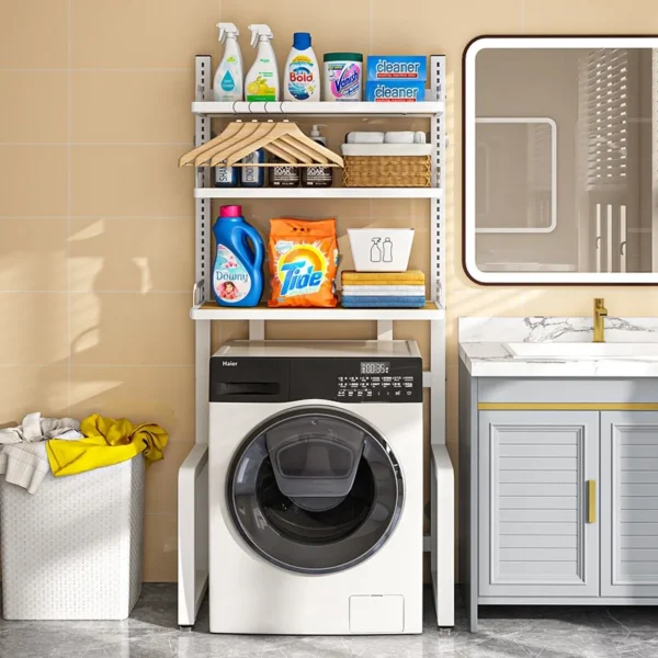 stainless steel metal adjustableover toilet organizer storage dryer stand wooden towel rack shelf washing machine for bathroom - Image 2
