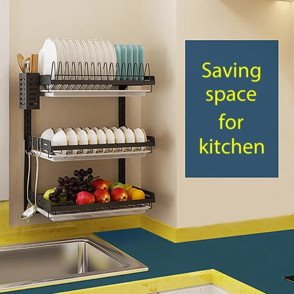 3 Tiers Countertop Kitchen Dish Drying Drainer Rack With Choopping Board Shelf Rackstorage Household Knife Utensil Holder - Image 2