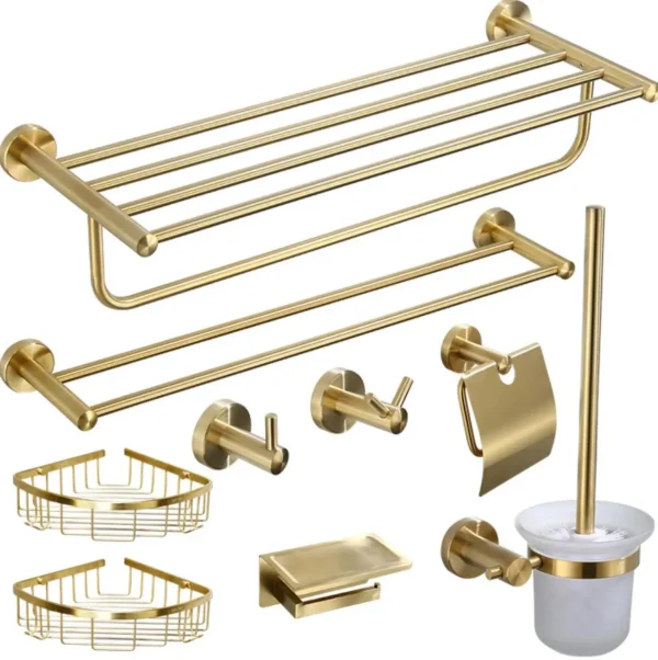 Bathroom Hardware Double Bath Towel Bar Rack Shelf Caddy Accessory Set Brushed Gold Stainless Steel Towel Bar Set 9 pieces - Image 6