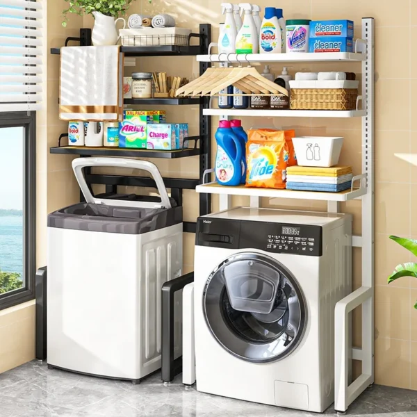 stainless steel metal adjustableover toilet organizer storage dryer stand wooden towel rack shelf washing machine for bathroom - Image 6