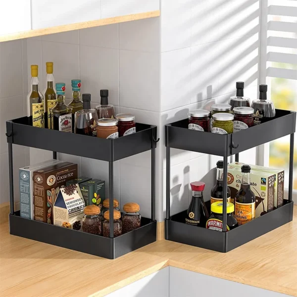 bathroom & kitchen accessories stackable plastic 2 tier under sink cabinet shelf pull out drawer sliding spice rack organizer - Image 3