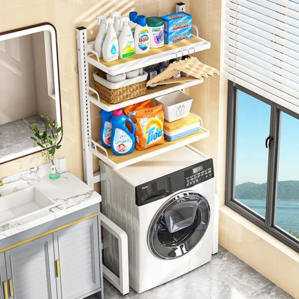 stainless steel metal adjustableover toilet organizer storage dryer stand wooden towel rack shelf washing machine for bathroom - Image 4