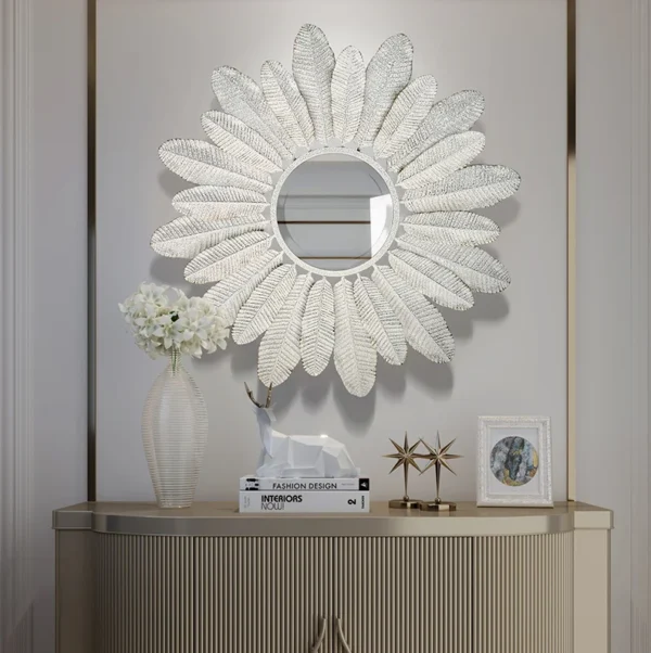 80cm Ornate decor light luxury decorative flower shape mirrors elegant wall hanging white metal frame feather mirror home decor - Image 6