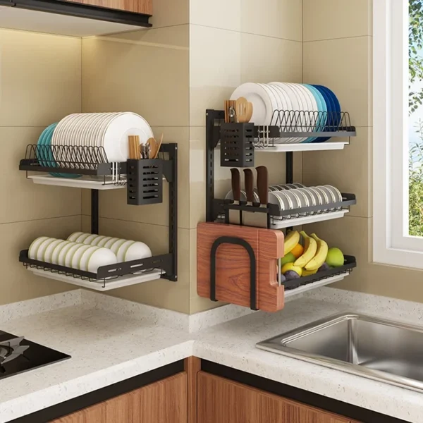 Paint 2 Tiers Wall Mounted Dish Drying Drainer Hanging Rack Kitchen Space Saver Hanging Shelf With PP Water Tray - Image 2