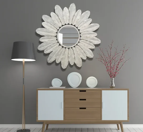 80cm Ornate decor light luxury decorative flower shape mirrors elegant wall hanging white metal frame feather mirror home decor - Image 3