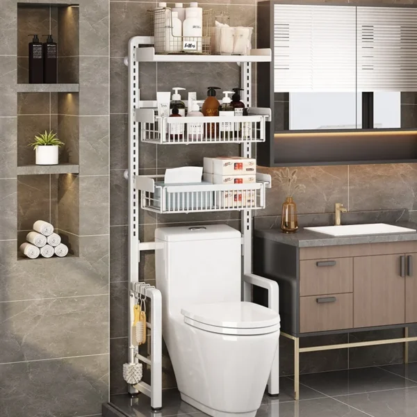 4 tier adjustable over toilet stand paper iron metal shelf organizer bathroom  corner basket rack storage shelves cabinet holder - Image 4
