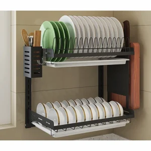 Paint 2 Tiers Wall Mounted Dish Drying Drainer Hanging Rack Kitchen Space Saver Hanging Shelf With PP Water Tray