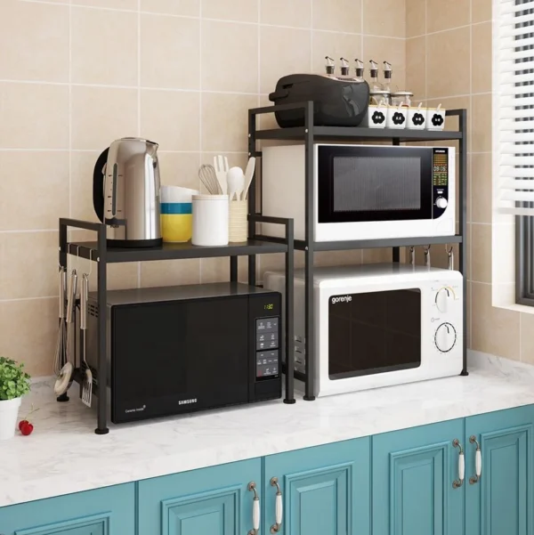 Microwave Stand Oven Rack Expandable Countertop Kitchen Utensils Tableware Storage Carbon Steel Over Shelf Countertop 3 Tier - Image 2