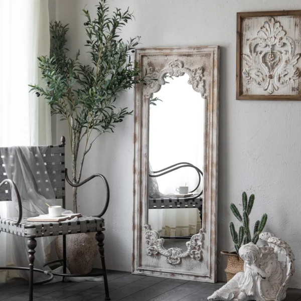 Stock large size decorative plain retro white wood wall mirror worn hanging mirror long square frame mirror - Image 5