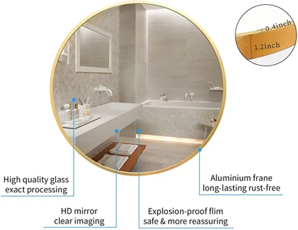 16 Inch Decorative Circle Gold Wall Hanging Mirrors Round Wall Mirror with Brushed Metal Frame for Bathroom - Image 4