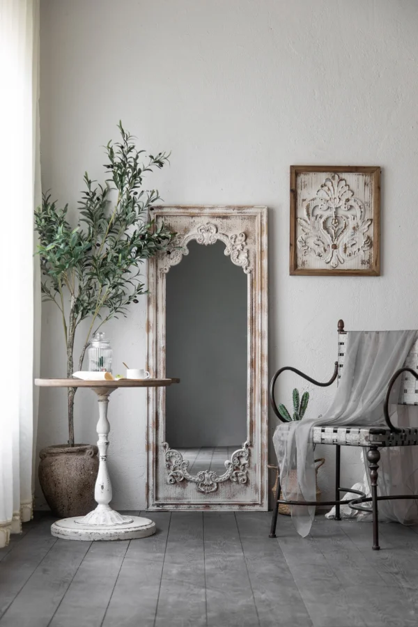 Stock large size decorative plain retro white wood wall mirror worn hanging mirror long square frame mirror