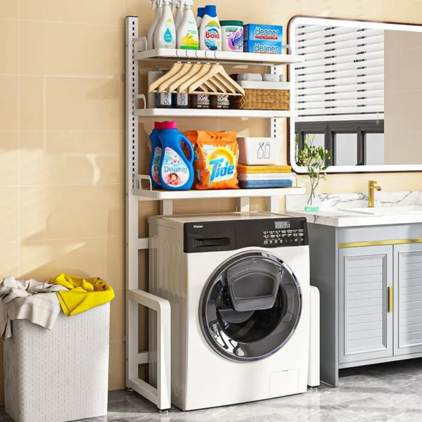 stainless steel metal adjustableover toilet organizer storage dryer stand wooden towel rack shelf washing machine for bathroom - Image 3