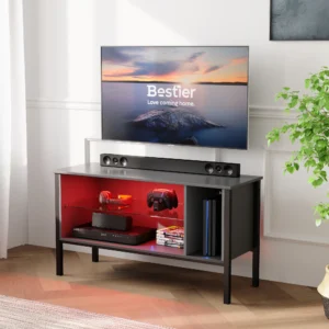 BESTIER Cheap Price Modern High Gloss Media Console Storage TV Stand Cabinet Entertainment Center with LED Light, Shelves